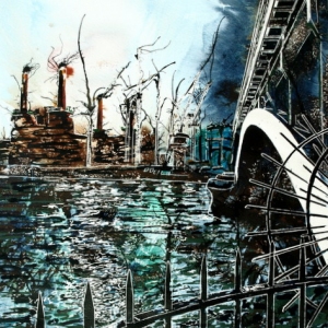 Battersea under Chelsea Bridge ©2014 - Cathy Read -  Watercolour and Acrylic  - 40 x 50 cm