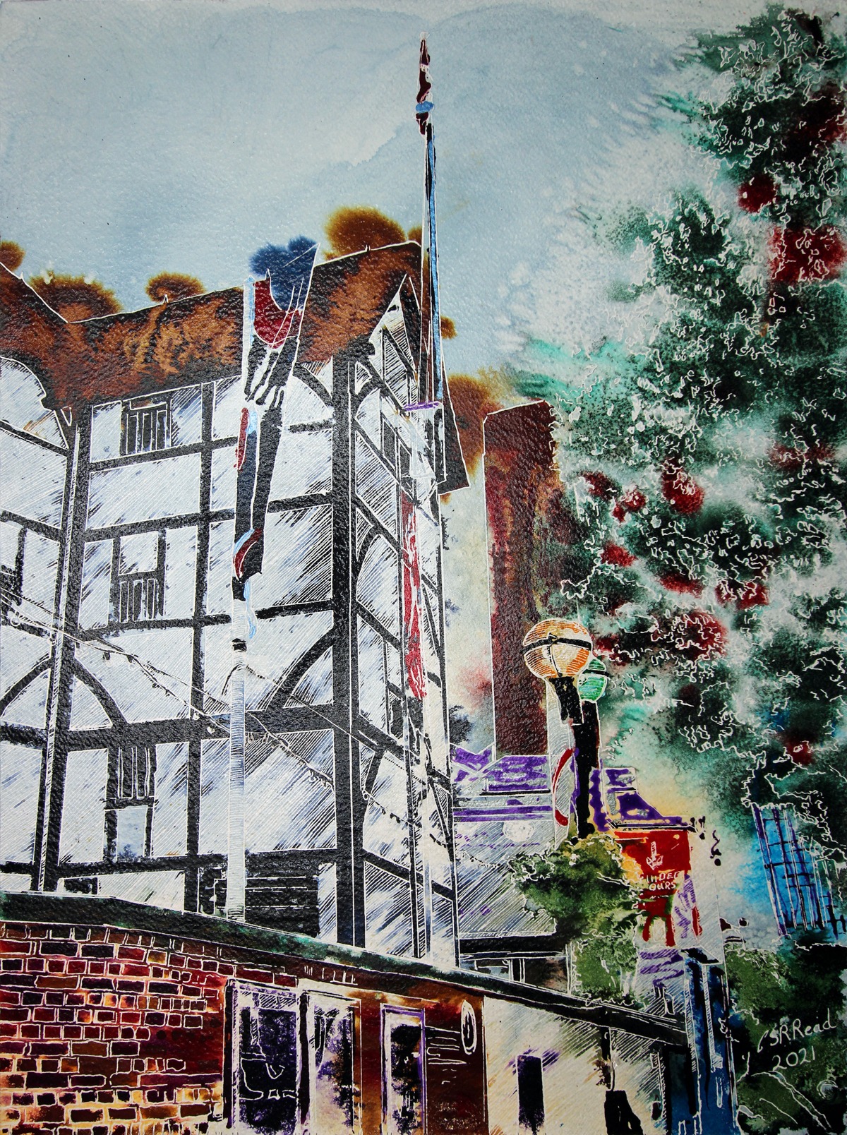 Globe Theatre - ©2021- Cathy Read - 61 x 45.7 x 2.3 cm, Watercolour and ink