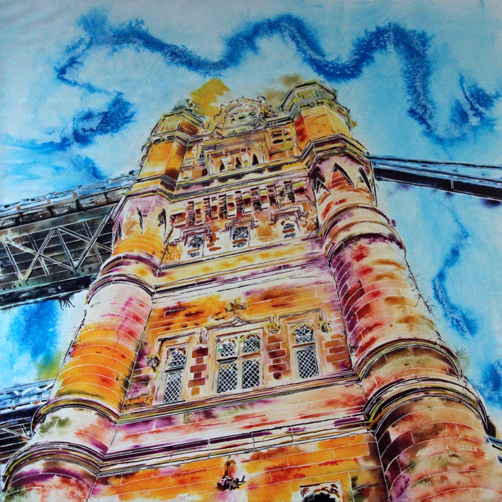 Tower Bridge South Tower©2022-Cathy Read - Watercolour acrylic on papered cradled panel 91x91 cm