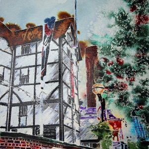 Globe Theatre - ©2021- Cathy Read - 61 x 45.7 x 2.3 cm, Watercolour and ink