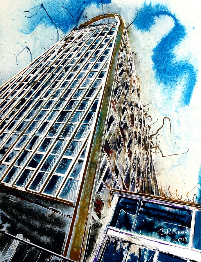 Toast Rack Towers ©2018 Cathy Read - 28x38cm - Watercolour and acrylic ink