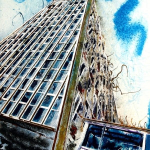 Toast Rack Towers ©2018 Cathy Read - 28x38cm - Watercolour and acrylic ink