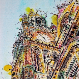 Nearly Hometime - Manchester Town Hall - ©2021 - Cathy Read  - 76 x 56cm - Watercolour and acrylic ink