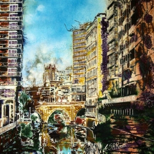 Irwell Reflections - ©2019 - Cathy Read - 65.5 x 67 cm - Watercolour and acrylic ink