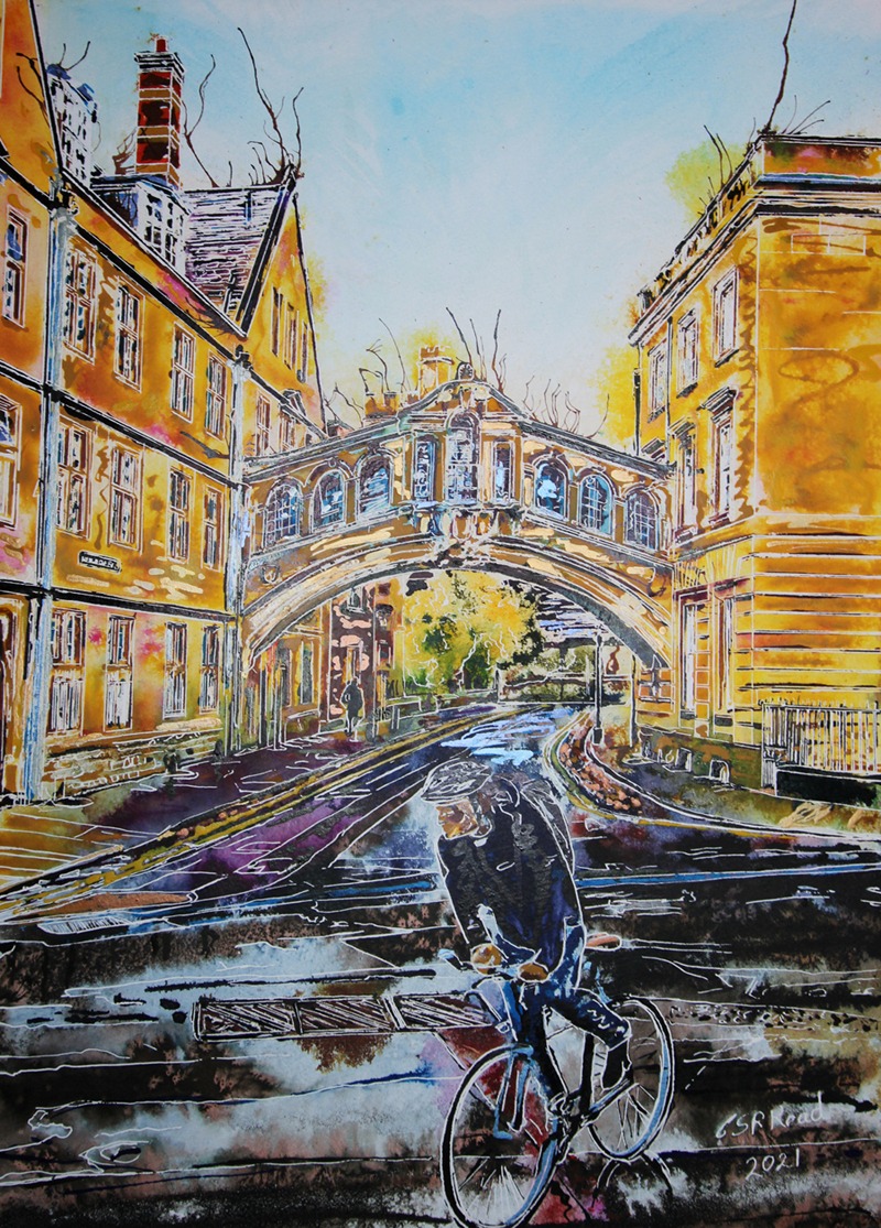 Hertford College, Oxford Bridge of Sighs - ©2021 - Cathy Read - 59.4 x 42.8 cm - Watercolour and acrylic ink
