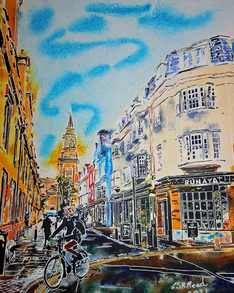 Turl Street Turn - ©2021 - Cathy Read -  50 x 40 cm - Watercolour and acrylic ink