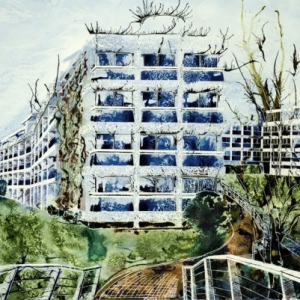 Wolfson College, Oxford - View from Rainbow Bridge ©2013 - Cathy Read - Watercolour and Acrylic- 75 x 55 cm