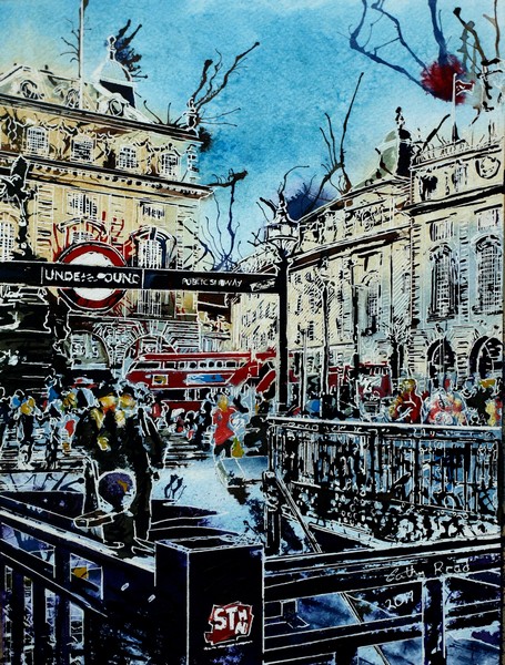 Piccadilly Circus - ©2017 - Cathy Read -Watercolour and Acrylic  -   40x30 cm