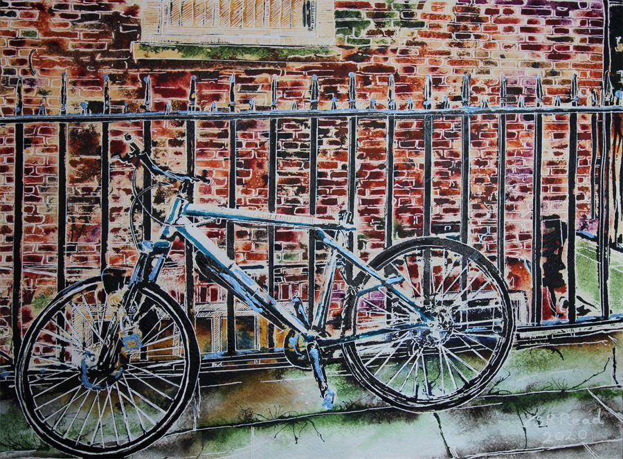 Alley Bike - ©2020 - Cathy Read - Watercolour and Acrylic ink- 40 x 50cm