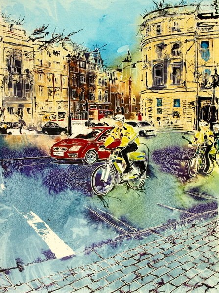 Bobbies on Bicycles - ©2015 - Cathy Read - Watercolour and Acrylic  - 61x45 cm - £750 framed
