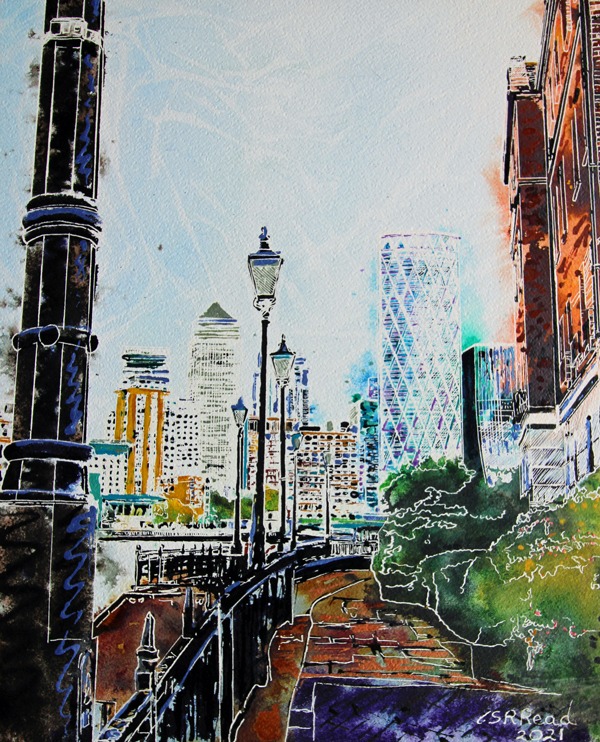 Canary Wharf Thames Path - ©2021 - Cathy Read - Watercolour and Acrylic - 50 x 40 cm