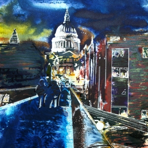 Across the glowing bridge - ©2019 - Cathy Read -  Watercolour and Acrylic - 40 x 50cm