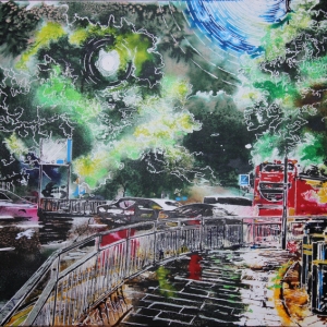 Leaving Hammersmith Apollo- ©2020-Cathy-Read-Watercolour-and-Acrylic-on-paper-on-board