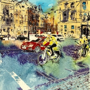 Bobbies on Bicycles - ©2015 - Cathy Read - Watercolour and Acrylic  - 61x45 cm - £750 framed