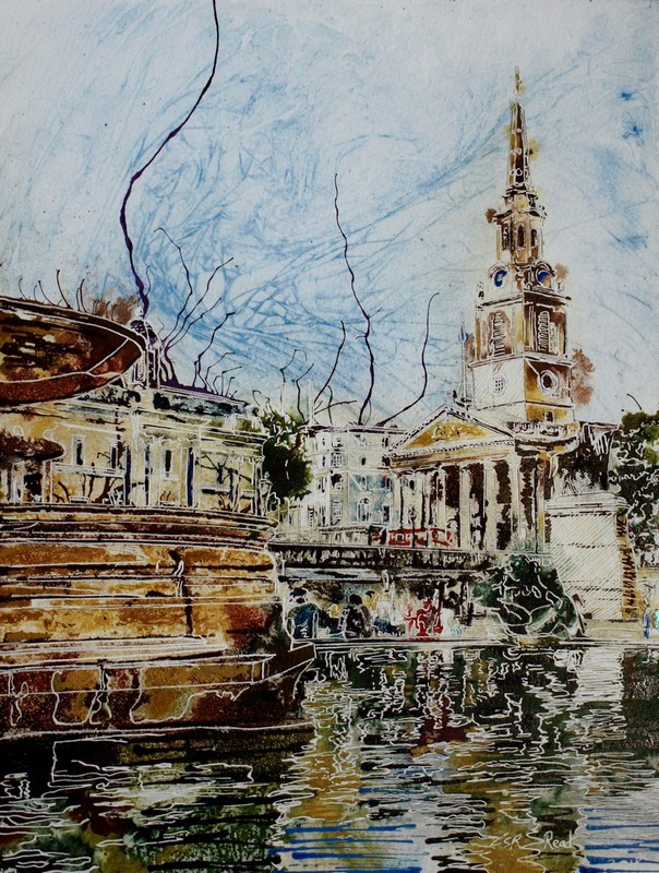 Trafalgar-Fountain - ©2018-Cathy-Read-Watercolour-and-Acrylic-40-x-30-cm-£390