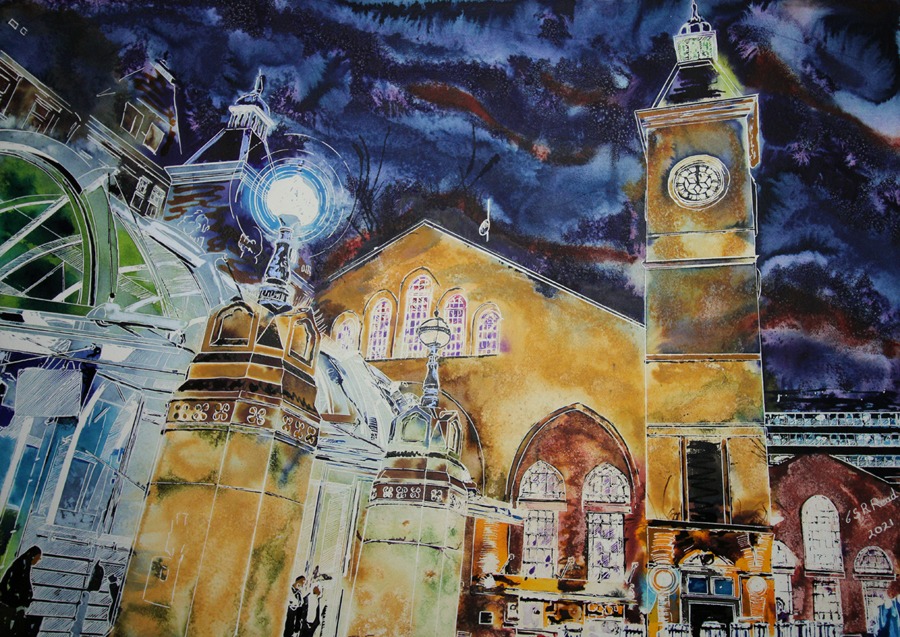 Liverpool Street Station - ©2021 - Cathy Read - Watercolour and acrylic - 56 cm x 76 cm
