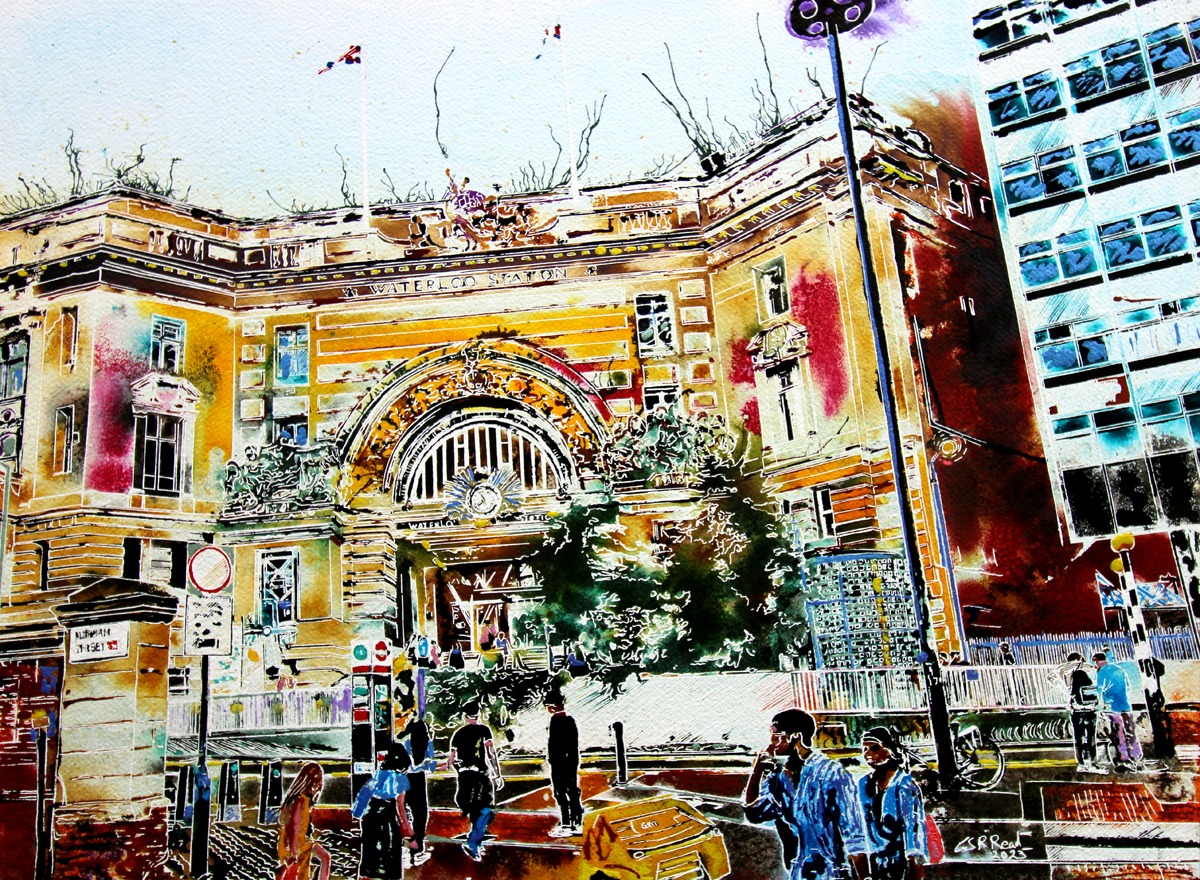 Waterloo Station - ©2023 - Cathy Read - Watercolour and Acrylic -56 x 76cm