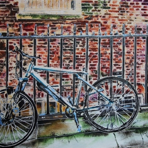 Alley Bike - ©2020 - Cathy Read - Watercolour and Acrylic ink- 40 x 50cm