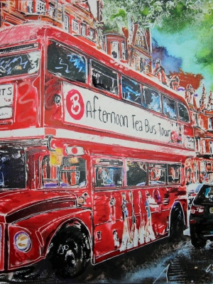 Bigits Tea Bus - ©2021 - Cathy Read -  watercolour and acrylic Ink - 42 x 59 cm