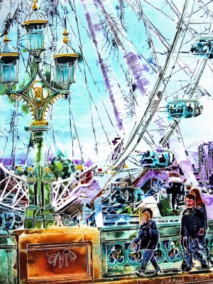 Four Clubs on Westminster Bridge - ©2023 - Cathy Read - Watercolour and Acrylic - 61 x 45 cm