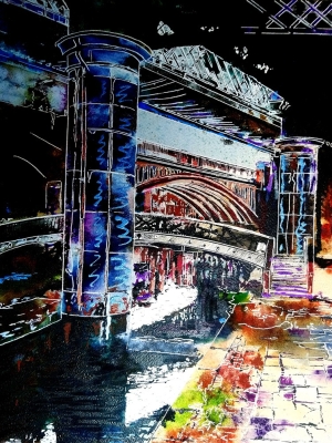 Castlefield Canal - ©2022 - Cathy Read - Watercolour and Acrylic - 39 x 29 cm