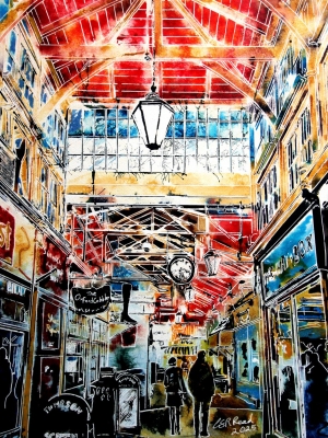 Covered Market, Oxford - ©2025 - Cathy Read - 50 x 40 cm - Watercolour and acrylic ink