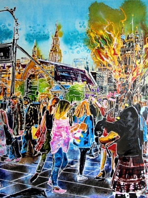 Flaming Piper - Cathy Read - ©2022 - Watercolour and Acrylic ink - 42 x 59 cm