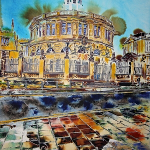 Sheldonian Theatre Reflected- ©2021 - Cathy Read - Watercolour and Acrylic ink - 76 x 56 cm