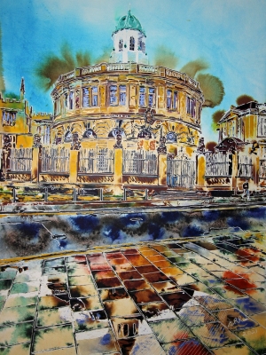Sheldonian Theatre Reflected- ©2021 - Cathy Read - Watercolour and Acrylic ink - 76 x 56 cm