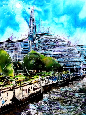 South Bank Shadows ©2023 - Cathy Read - Watercolour and Acrylic - 59.4x42.8cm