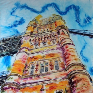 Tower Bridge South Tower - ©2022 - Cathy Read - Watercolour acrylic on papered cradled panel 91x91 cm
