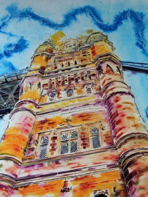 Tower Bridge South Tower - ©2022 - Cathy Read - Watercolour acrylic on papered cradled panel 91x91 cm