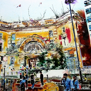 Waterloo Station - ©2023 - Cathy Read - Watercolour and Acrylic -56 x 76cm