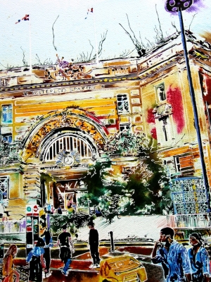 Waterloo Station - ©2023 - Cathy Read - Watercolour and Acrylic -56 x 76cm